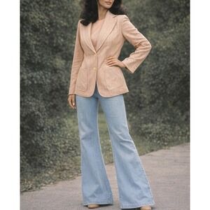 2 Piece Vintage 70s Womens Medium Blazer and Matching Sleeveless Top Set Peach